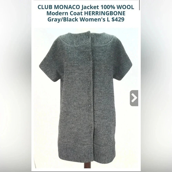 Club Monaco Women’s Jacket Modern Coat 100% wool Herringbone Gray/Blk Size L - Picture 1 of 9